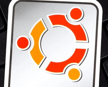 Ubuntu OS GNU Linux operating system sticker, logo symbol label closeup Stock Photos