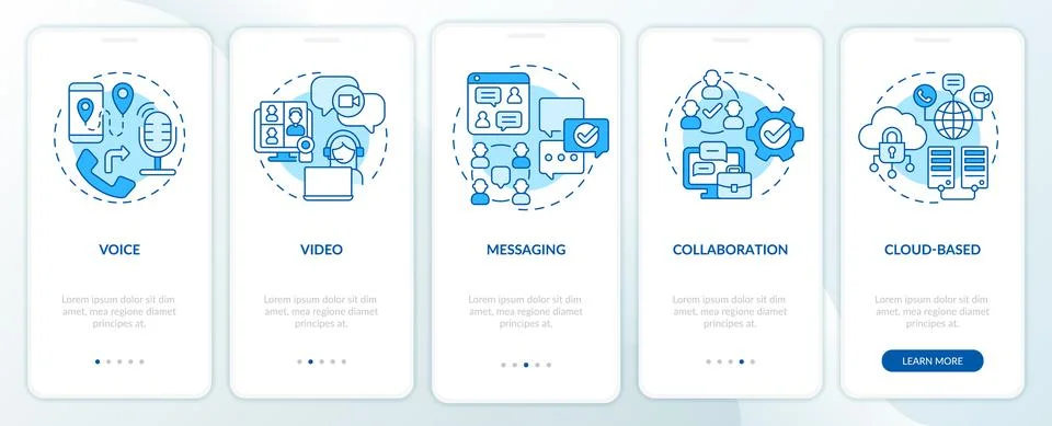 UCaaS functions blue onboarding mobile app screen Illustrazione stock