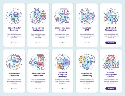 UCaaS onboarding mobile app screen set Illustrazione stock