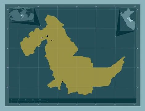 Ucayali, Peru. Solid color shape. Locations of major cities of the region Stock Illustration