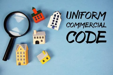 UCC Uniform Commercial Code text with house models and magnifying glass on .. Stock Photos