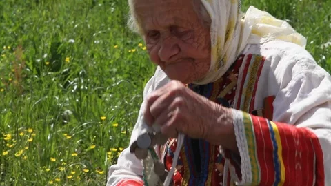 Udmurt besermyan old womans wear national clothes for the big national holiday Stock Footage