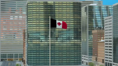 Udmurtia Flag 3D Render Animation on Pole with Modern Business District Buil Video stock 332877756