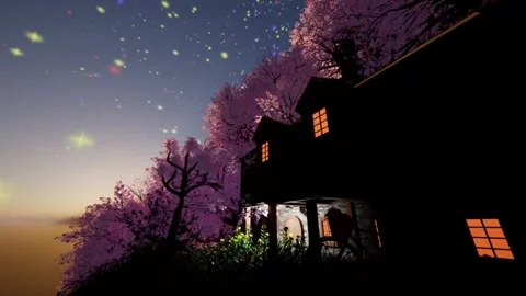 UE5 Cozy Magical Cabin with Cherry Blossoms and Fireflies Render Stock Footage 339629259