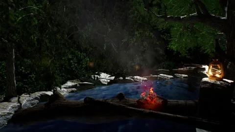 UE5 Cozy Night Campfire by a Stone Pool with Lantern Render Stock Footage 339630222