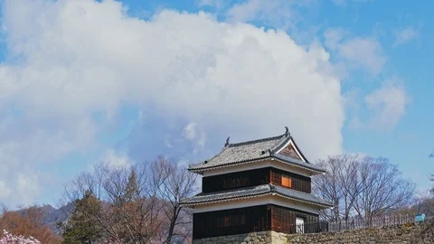 Ueda castle and Cherry Blossoms in Nagano, Japan : tilt, pan Stock Footage 106154542