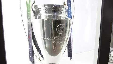 UEFA Champions League trophy inside Liverpool Football Club Museum at Anfield 動画素材 124607939