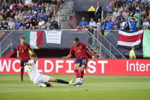  UEFA Nations League Semifinal: Spain vs. Italy Yeremy Pino dribbles past ... Stock Photos