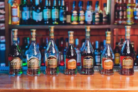 Ufa, Russia, 6 January, 2020: glasses filled with Armenian cognac Ararat on a Stock Photos