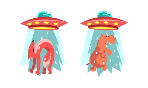 UFO Abducting Animals Set, Alien Spacecraft Stealing Hippo and Fox Cartoon Stock Illustration