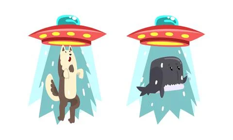 UFO Abducting Animals Set, Alien Spacecraft Stealing Wolf and Whale Cartoon Stock Illustration