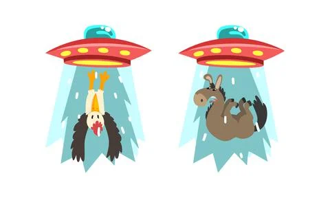 UFO Abducting Animals Set, Alien Spacecraft Stealing Donkey and Bird Cartoon Stock Illustration
