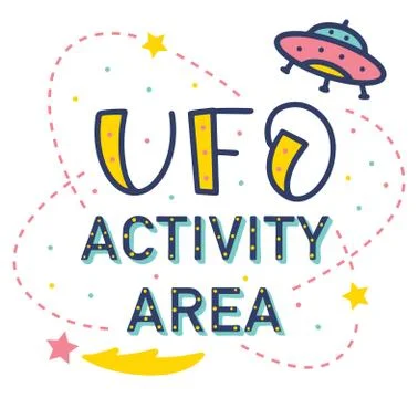 Ufo activity ares, colored vector illustration - flying saucer and text. Stock Illustration