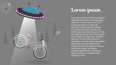 UFO alien flying with lights took the bike. Funny cartoon vector illustration Stock Illustration