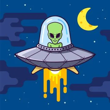 UFO with an alien in the night sky. flat vector illustration Stock Illustration