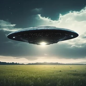 UFO, an alien plate hovering over the field, hovering motionless in the air Stock Illustration