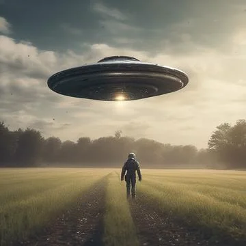 UFO, an alien plate hovering over the field, hovering motionless in the air Stock Illustration