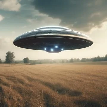 UFO, an alien plate hovering over the field, hovering motionless in the air Stock Illustration