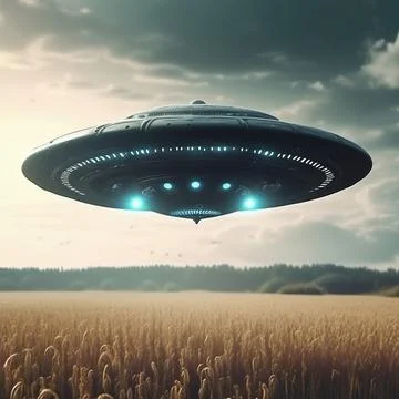UFO, an alien plate hovering over the field, hovering motionless in the air Stock Illustration