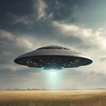 UFO, an alien plate hovering over the field, hovering motionless in the air Stock Illustration