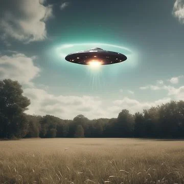 UFO, an alien plate hovering over the field, hovering motionless in the air Stock Illustration