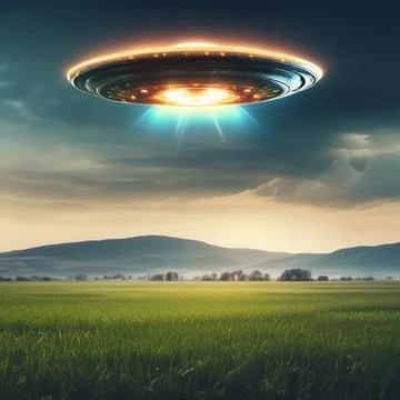 UFO, an alien plate hovering over the field, hovering motionless in the air Stock Illustration
