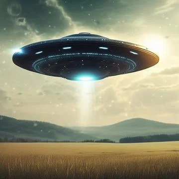 UFO, an alien plate hovering over the field, hovering motionless in the air Stock Illustration