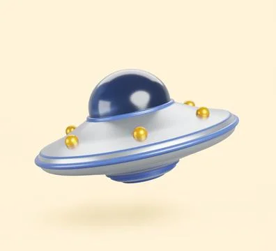 UFO, alien space ship 3d render icon. Funny silver blue saucer isolated on light Illustrazione stock