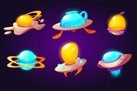 Ufo, alien space ships scrambled eggs, cup, plate 스톡 일러스트