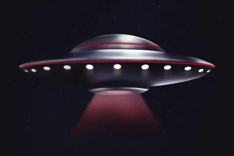 UFO. Alien spaceship emitting light beam on black background, illustration Stock Photos
