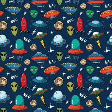 Ufo and aliens Seamless pattern. Cute Doodles space ships sketch. Hand drawn  Stockillustratie
