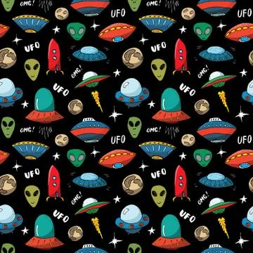 Ufo and aliens Seamless pattern. Cute Doodles space ships sketch. Hand drawn  Stock Illustration