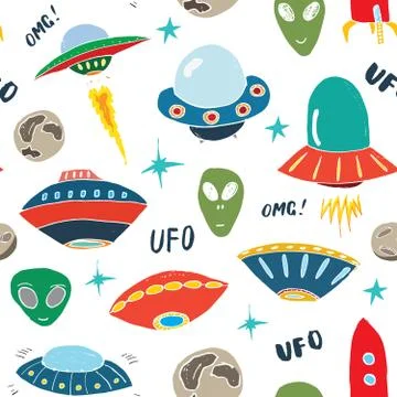 Ufo and aliens Seamless pattern. Cute Doodles space ships sketch. Hand drawn  Stock Illustration