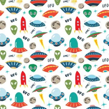 Ufo and aliens Seamless pattern. Cute Doodles space ships sketch. Hand drawn  Stock Illustration