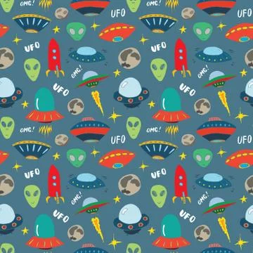 Ufo and aliens Seamless pattern. Cute Doodles space ships sketch. Hand drawn  Stock Illustration