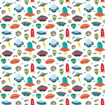 Ufo and aliens Seamless pattern. Cute Doodles space ships sketch. Hand drawn  Stock Illustration