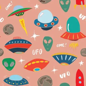 Ufo and aliens Seamless pattern. Cute Doodles space ships sketch. Hand drawn  Stock Illustration