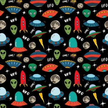 Ufo and aliens Seamless pattern. Cute Doodles space ships sketch. Hand drawn  Stock Illustration