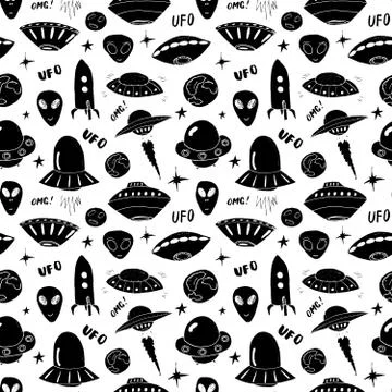 Ufo and aliens Seamless pattern. Cute Doodles space ships sketch. Hand drawn  Stockillustratie