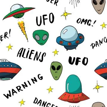 Ufo and aliens Seamless pattern. Cute Doodles space ships sketch. Hand drawn  Stockillustratie
