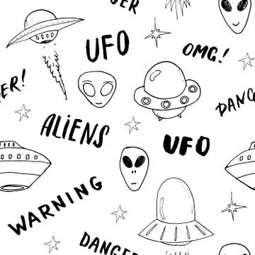 Ufo and aliens Seamless pattern. Cute Doodles space ships sketch. Hand drawn  Stock Illustration