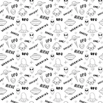 Ufo and aliens Seamless pattern. Cute Doodles space ships sketch. Hand drawn  Stock Illustration