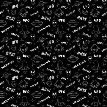 Ufo and aliens Seamless pattern. Cute Doodles space ships sketch. Hand drawn  Stock Illustration