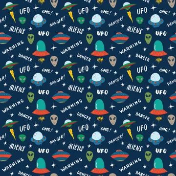 Ufo and aliens Seamless pattern. Cute Doodles space ships sketch. Hand drawn  Stock Illustration