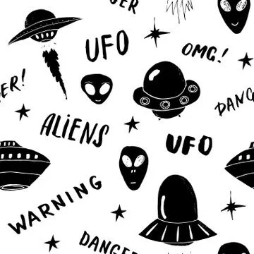 Ufo and aliens Seamless pattern. Cute Doodles space ships sketch. Hand drawn  Stock Illustration