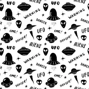 Ufo and aliens Seamless pattern. Cute Doodles space ships sketch. Hand drawn  Stock Illustration