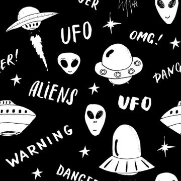 Ufo and aliens Seamless pattern. Cute Doodles space ships sketch. Hand drawn  Stock Illustration