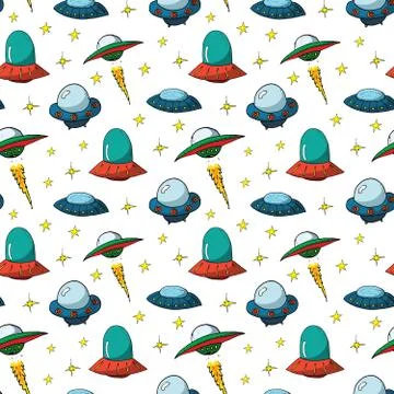 Ufo and aliens Seamless pattern. Cute Doodles space ships sketch. Hand drawn  Stock Illustration