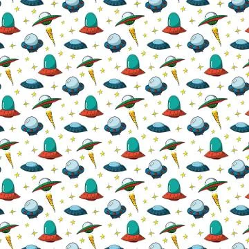Ufo and aliens Seamless pattern. Cute Doodles space ships sketch. Hand drawn  스톡 일러스트