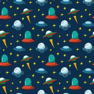 Ufo and aliens Seamless pattern. Cute Doodles space ships sketch. Hand drawn  Stock Illustration